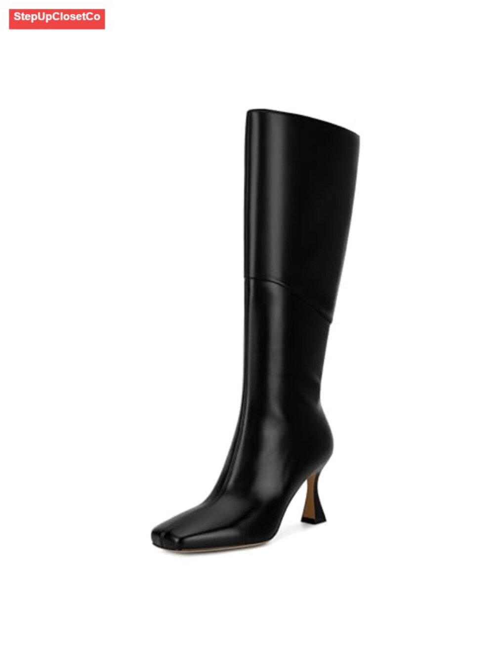 Black Knee High Boots for Women, Faux Leather Kitten Heel Tall Boots, Square